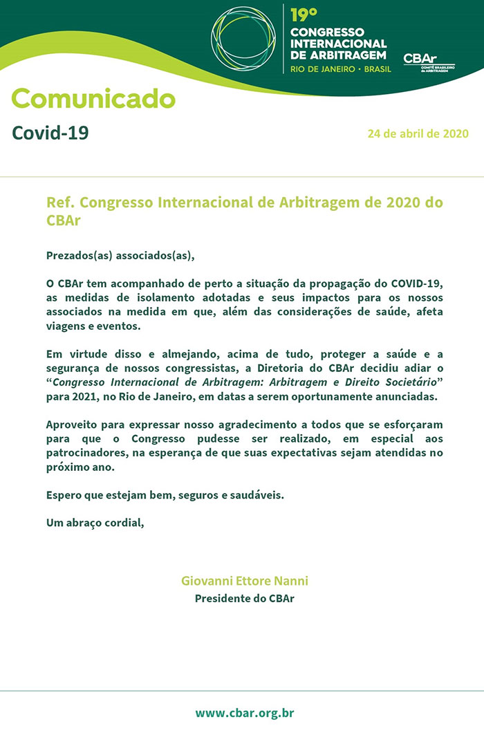 Comunicado oficial do CBAr sobre o 19° Congresso Internacional de Arbitragem, diante do cenário ocasionado pela pandemia do COVID-19