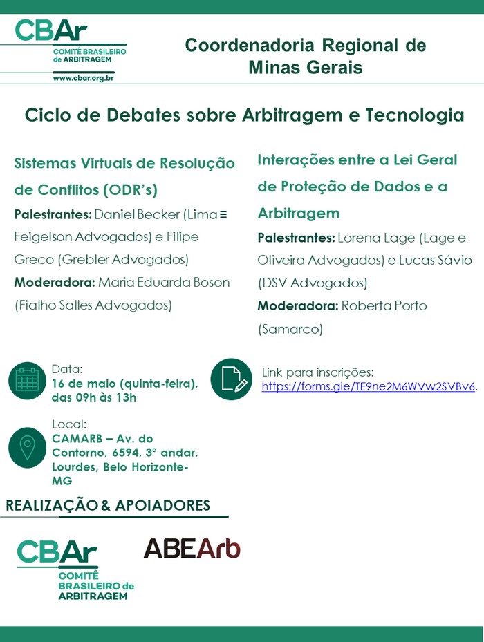 Comunicação da Coordenadoria Regional de Minas Gerais - Ciclo de Debates sobre Arbitragem e Tecnologia