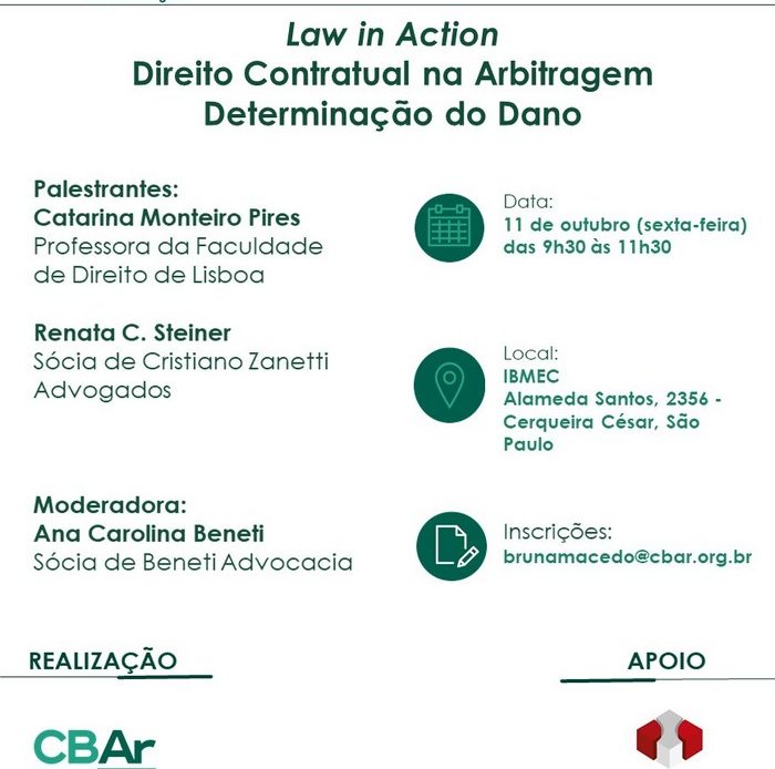 Comunicação da Coordenadoria Regional de São Paulo - Law in Action, Direito Contratual na Arbitragem e Determinação do Dano