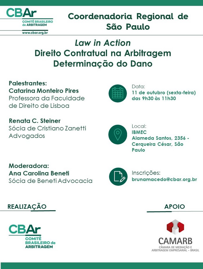 Comunicação da Coordenadoria Regional de São Paulo - Law in Action, Direito Contratual na Arbitragem e Determinação do Dano