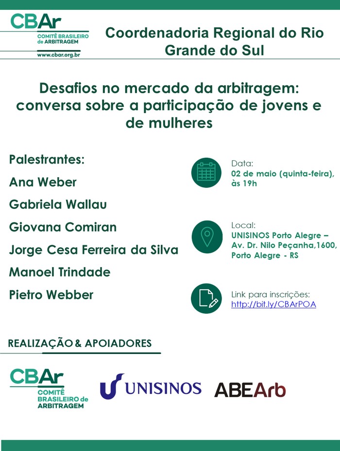Comunicação da Coordenadoria Regional do Rio Grande do Sul - Desafios no Mercado da Arbitragem: conversa sobre a Participação de Jovens e de Mulheres